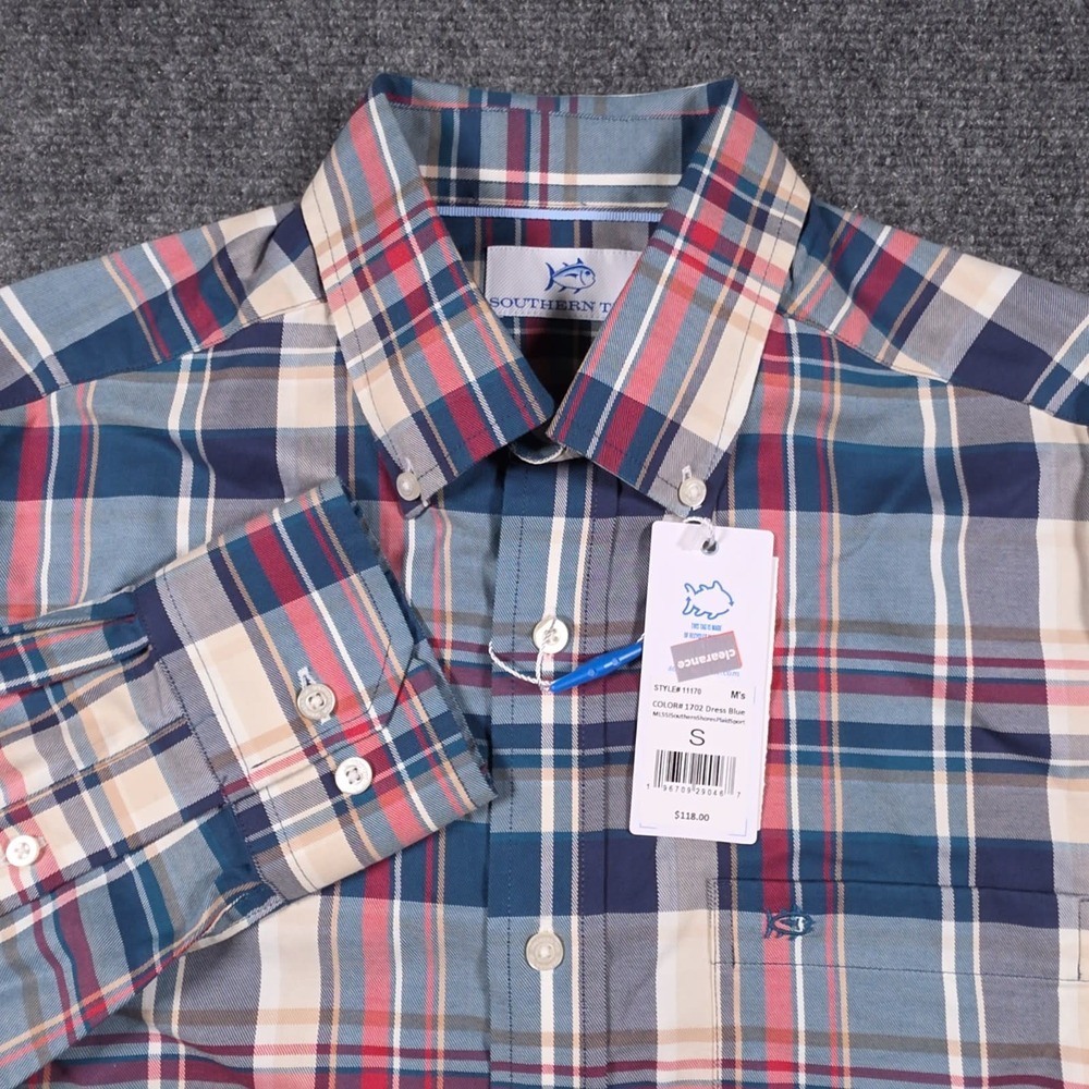 NWT Southern Tide Southern Shores Plaid Sport Shirt Mens S Blue Plaid Nylon